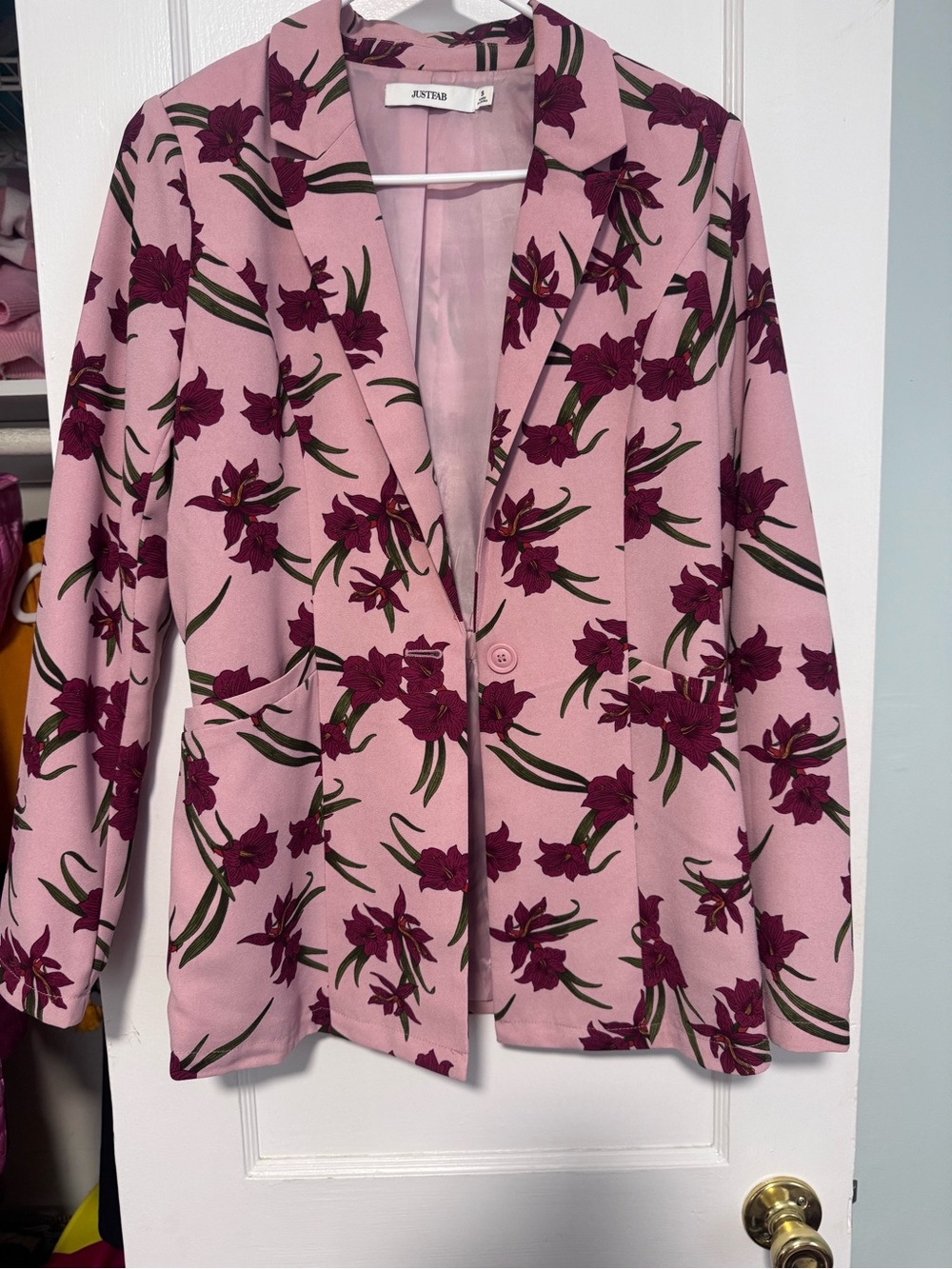 JustFab Pink Blazer with Burgundy Floral Print